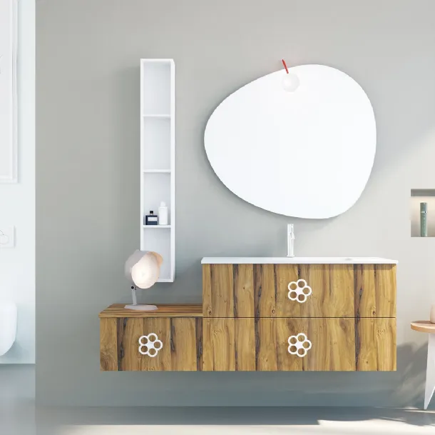 Mobile da Bagno sospeso in legno con maniglia in metallo a forma di fiore Linea LN21 di Arteba