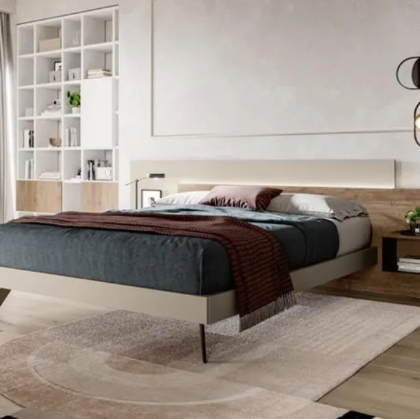 Letto moderno con testiera in nobilitato essenza Rovere vintage e laccato opaco Duo di Villanova