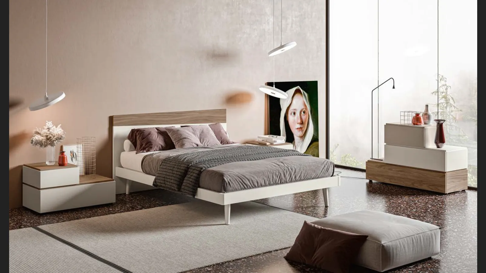 Letto con testiera Toledo GL08 finitura Perla e Noce di Marka Total Living