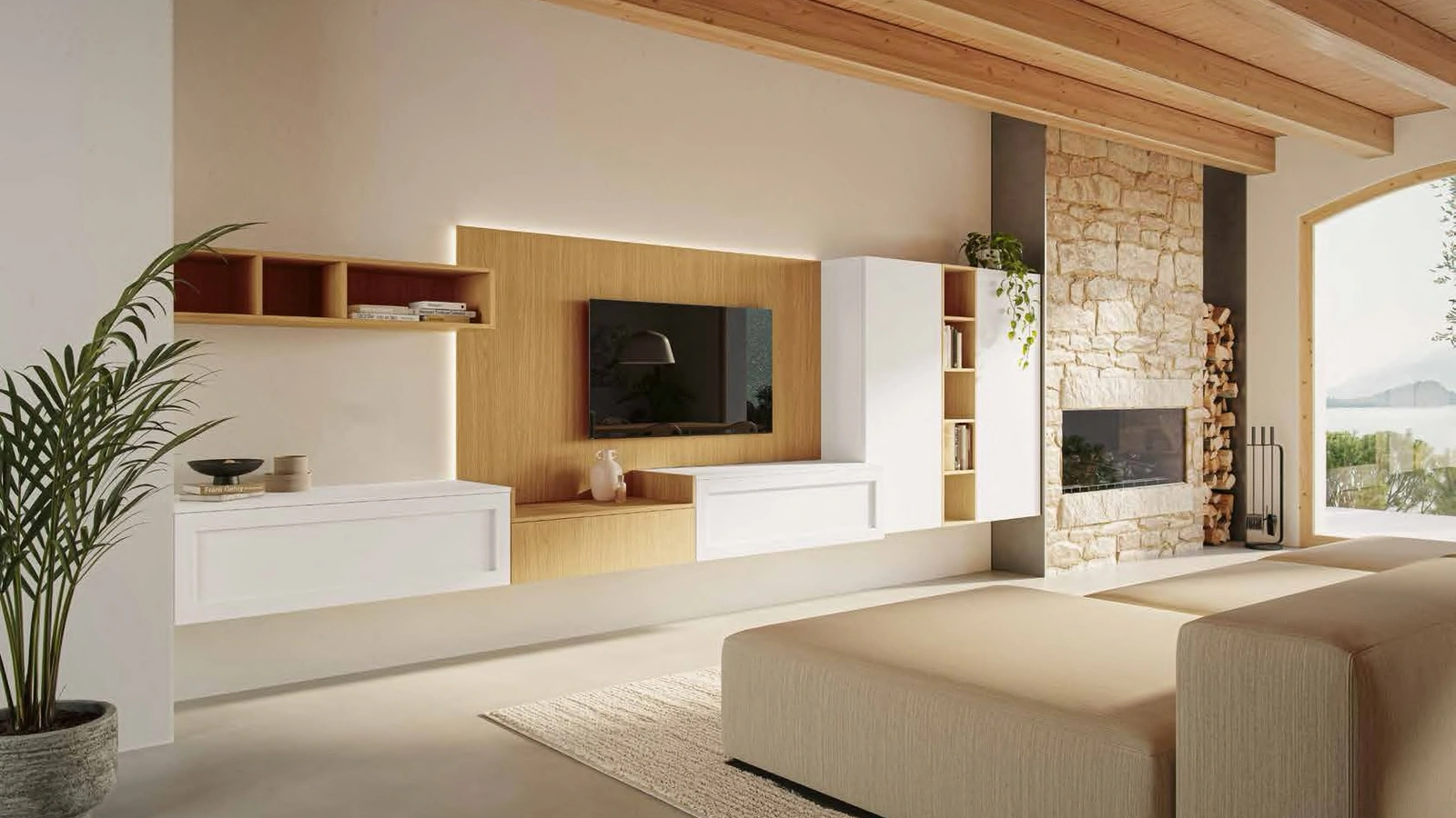 Parete Attrezzata Living MK06 in melaminico Oak Naturale e pet Bianco di Gentili Cucine