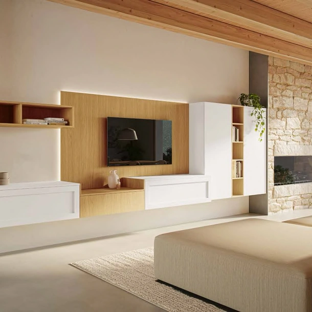 Parete Attrezzata Living MK06 in melaminico Oak Naturale e pet Bianco di Gentili Cucine