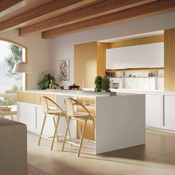 Cucina Moderna con isola MK06 in pet Bianco e melaminico Oak Naturale di Gentili Cucine